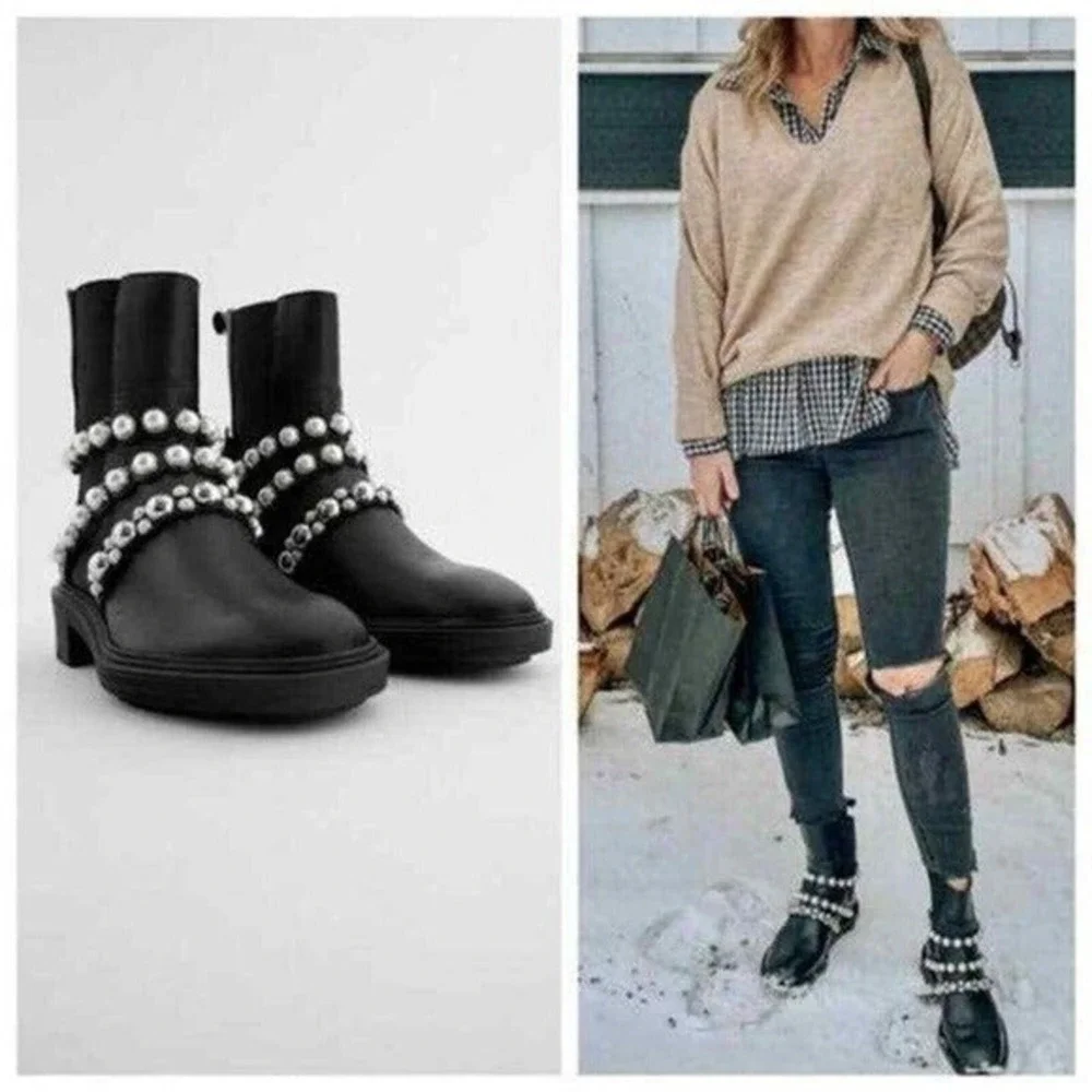 ZARA lug sole FLATFORM LEATHER ANKLE BOOTS WITH FAUX PEARL STRAPS size 39 8 new!